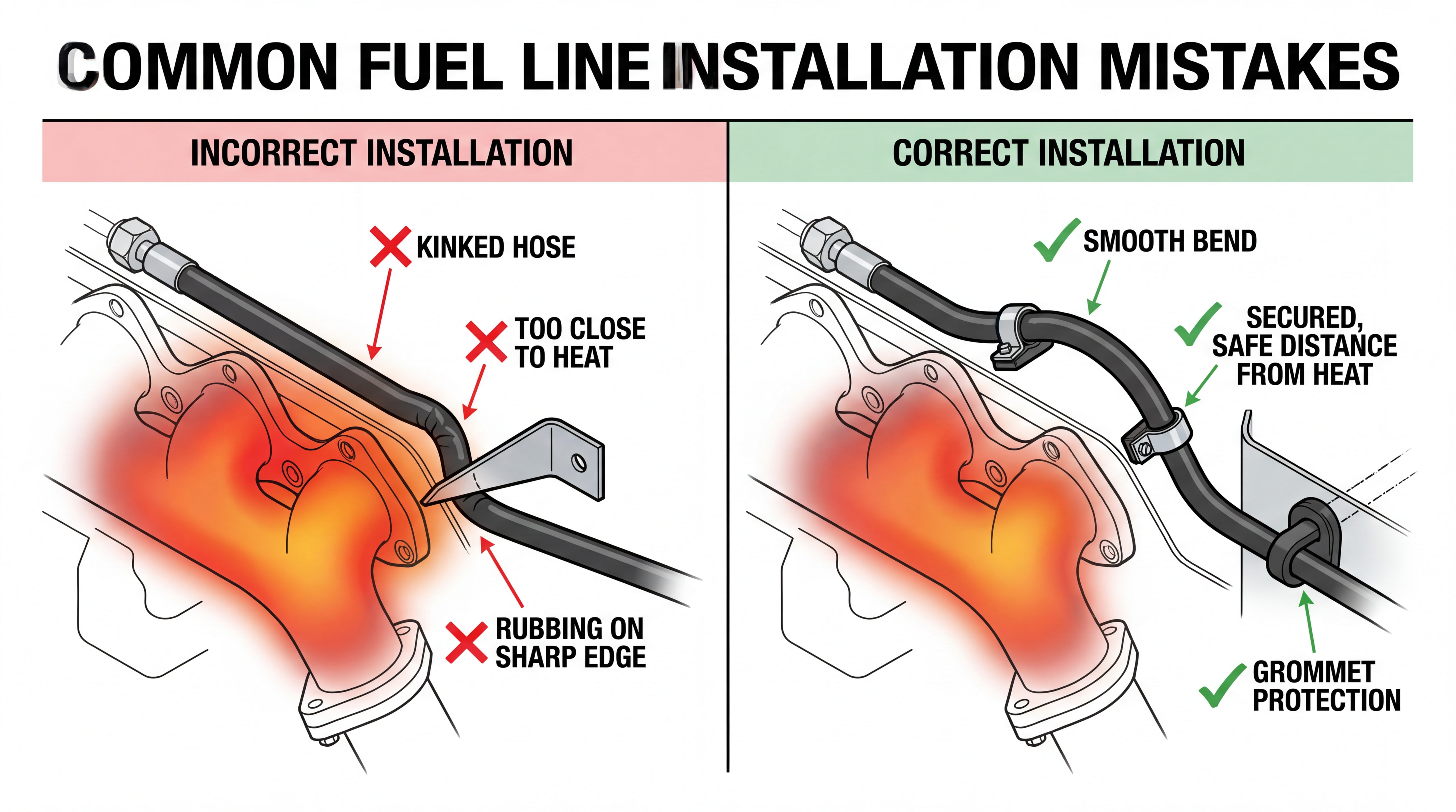 Common fuel line installation mistakes diagram showing kinked hose, heat exposure, sharp edge rubbing, smooth bend, safe distance and grommet protection
